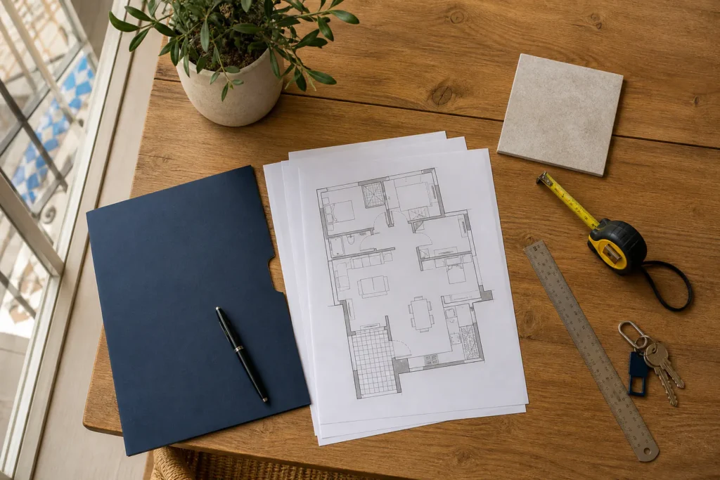 Plano de una vivienda, documentación y herramientas para preparar los trámites de una reforma en Elche.