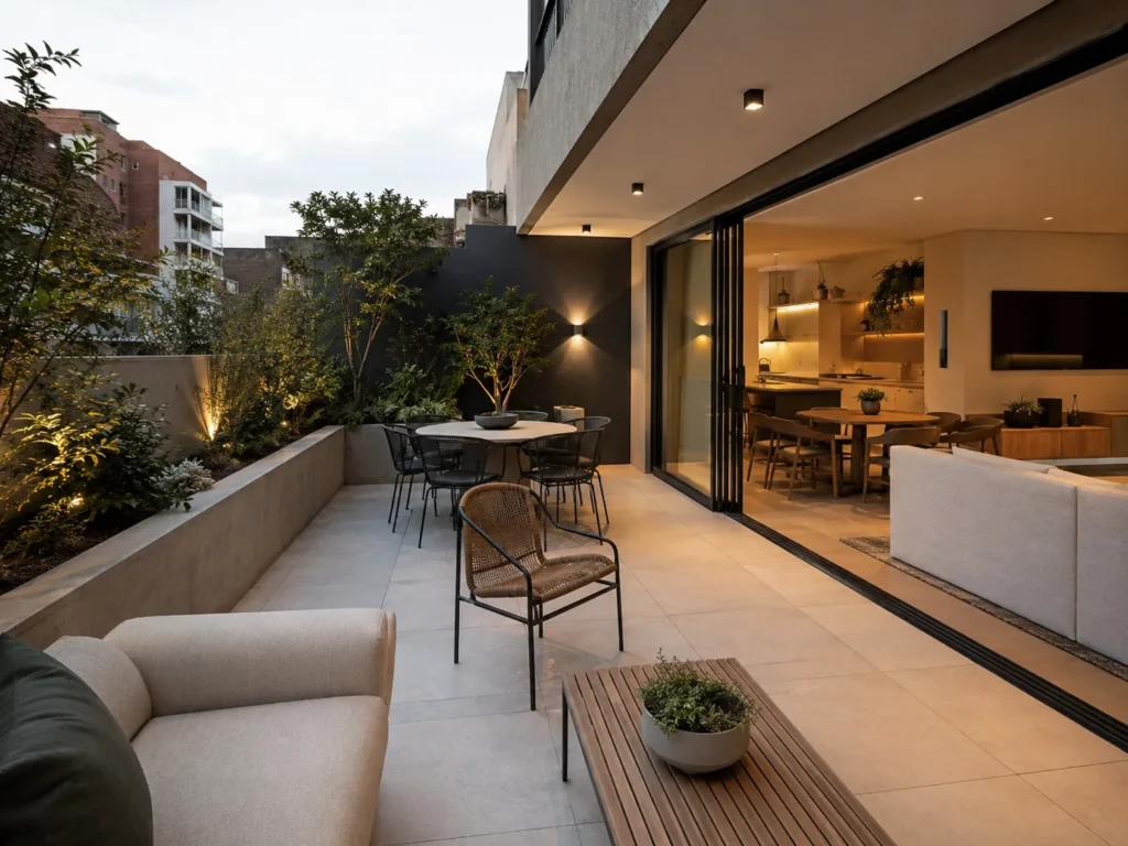 Terraza moderna conectada al salón