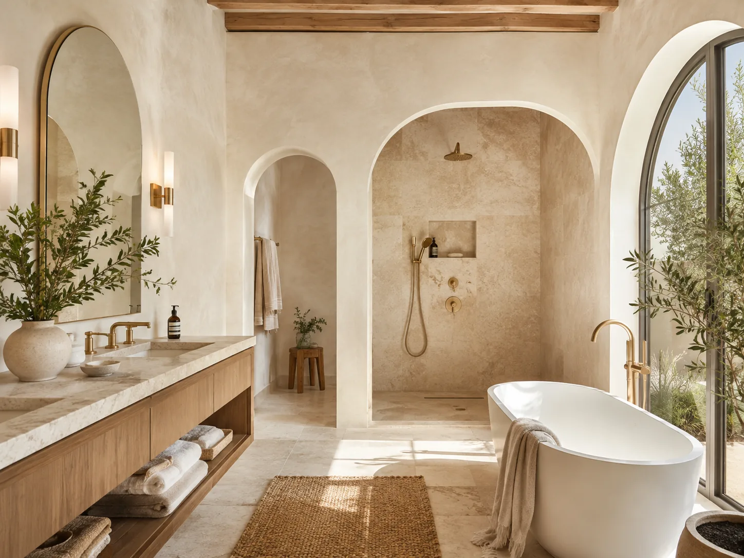 Baño con ducha a ras de suelo bajo arco y bañera exenta junto al ventanal.