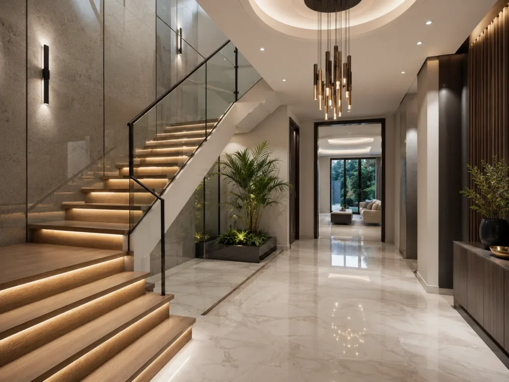 Vestíbulo moderno con escalera iluminada