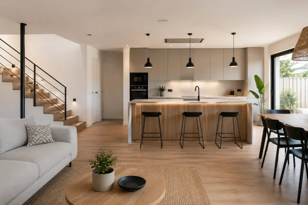 Vivienda abierta minimalista con escalera