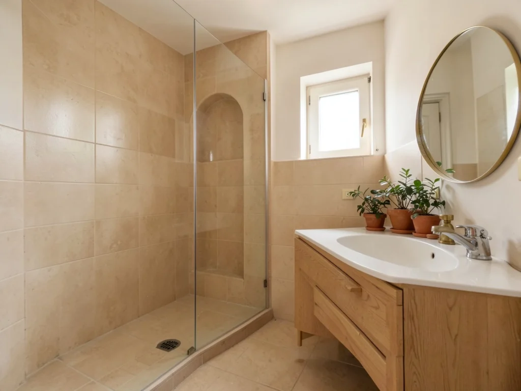 Baño reformado con plato de ducha, azulejo color arena y mueble de madera