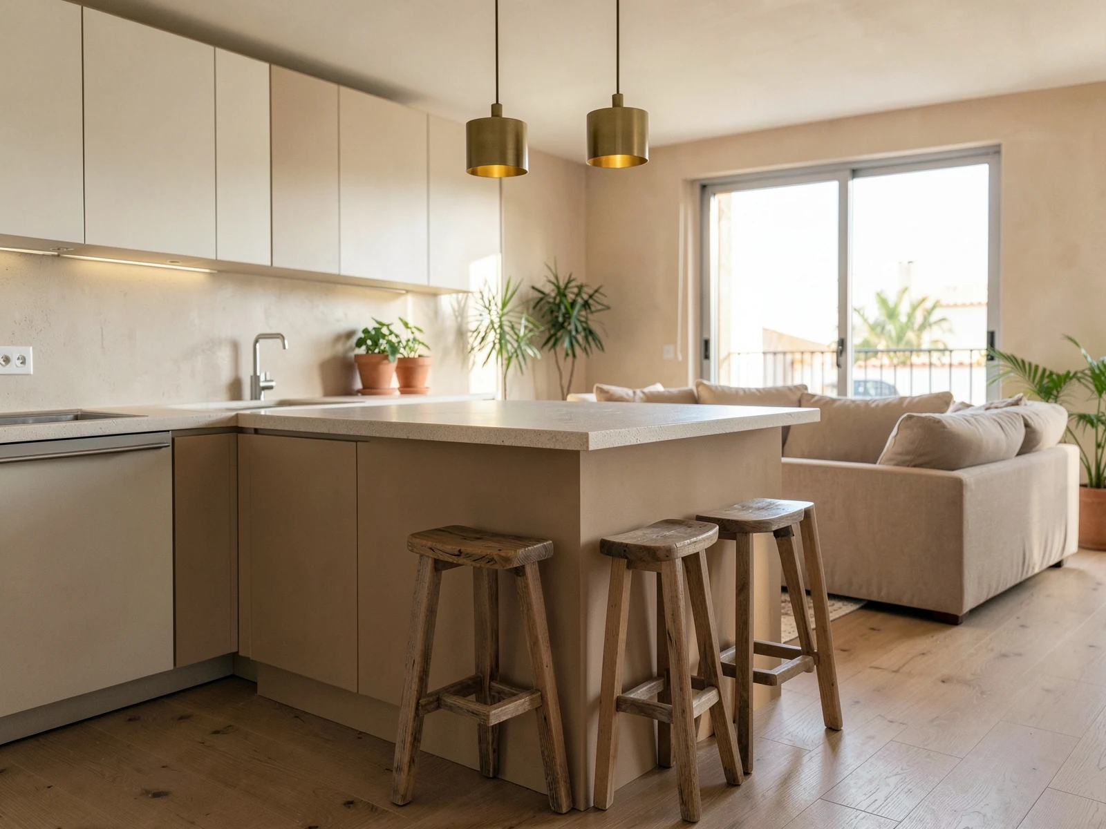 Cocina abierta al salón con península, taburetes y muebles lisos