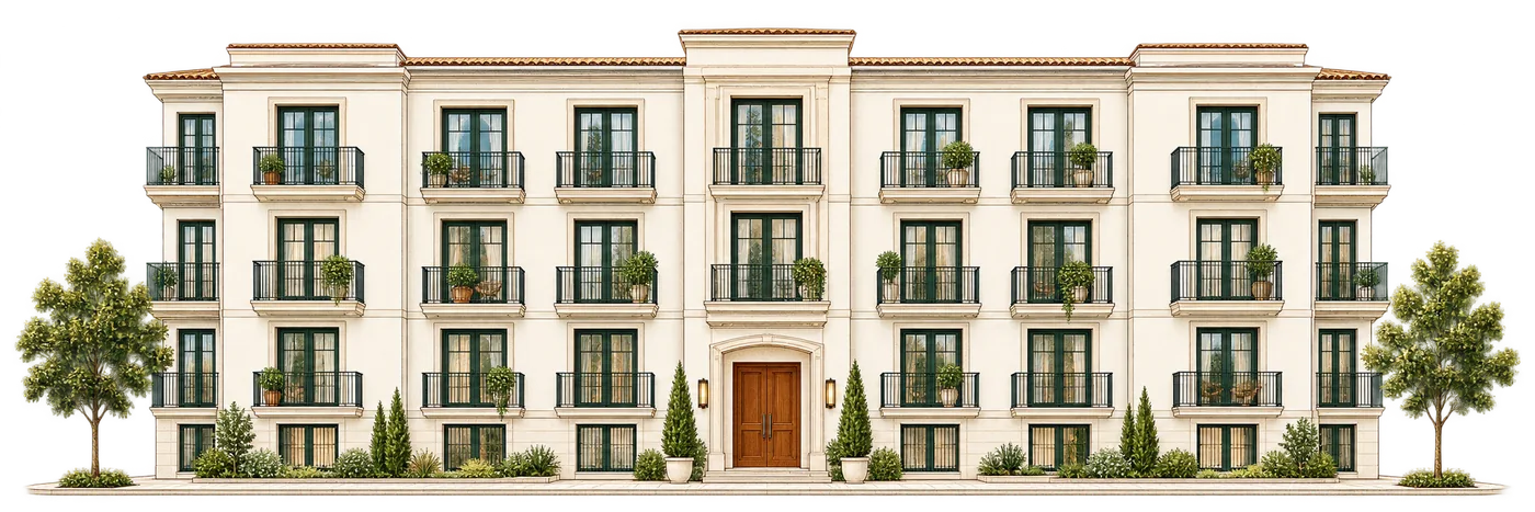 Ilustración de un edificio de viviendas con balcones y árboles