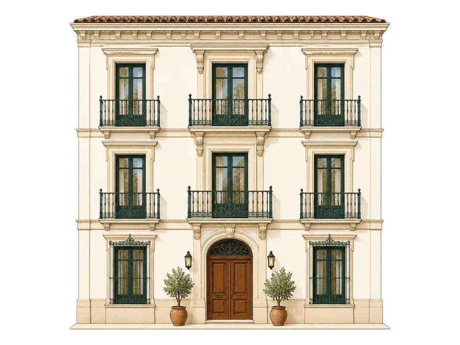 Fachada clásica de tres plantas en color crema con balcones de forja, ventanas verdes y puerta de madera en arco