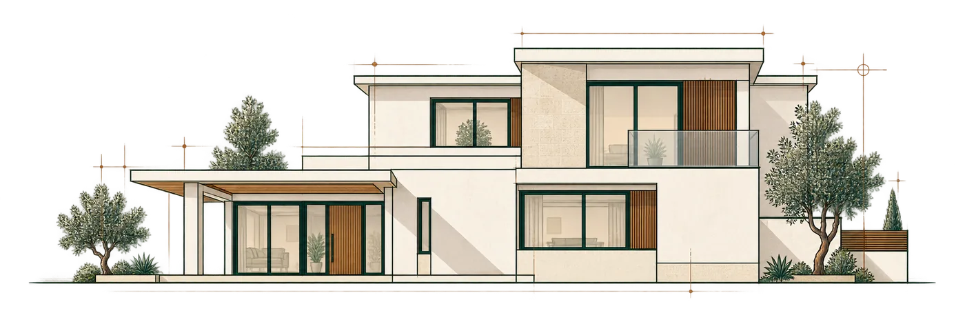Ilustración del alzado de una vivienda unifamiliar con olivos