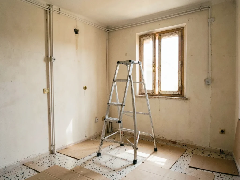 Piso antiguo en obra con las instalaciones nuevas a la vista y el suelo protegido